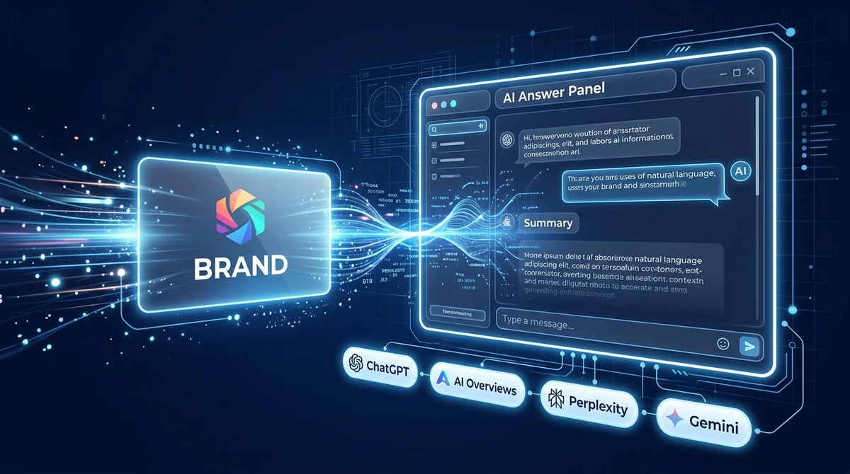 Diagram of an AEO agency getting a brand cited inside AI answer engines ChatGPT, Google AI Overviews, Perplexity and Gemini