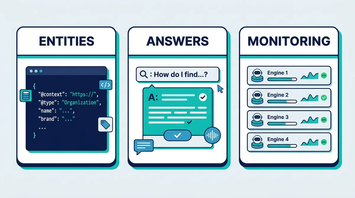 Answer engine optimization work in three parts: entity and schema markup, answer-ready content, and citation monitoring across engines