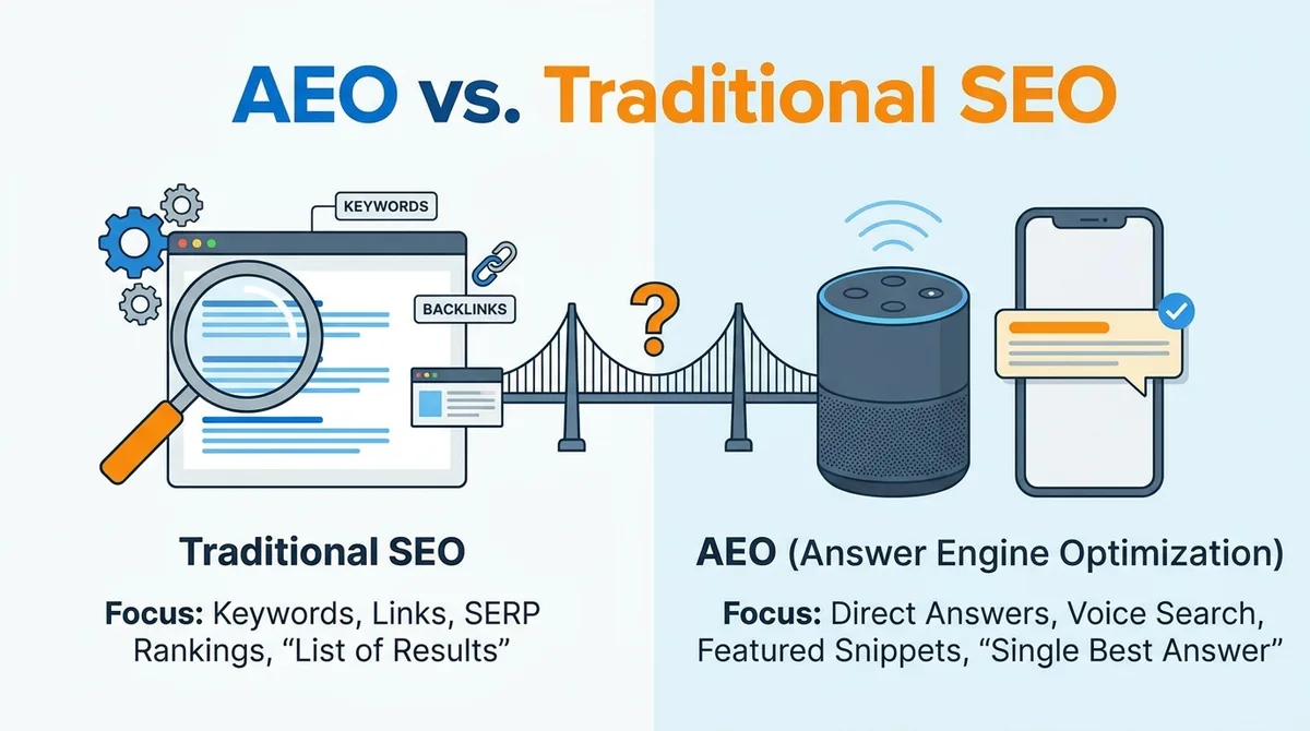 Diagram showing SEO, AEO and GEO as three connected layers of AI search visibility