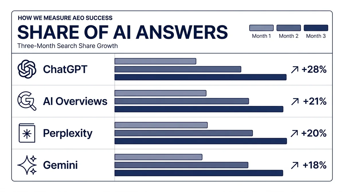 Chart measuring AEO success as share of AI answers growth across ChatGPT, AI Overviews, Perplexity and Gemini over three months