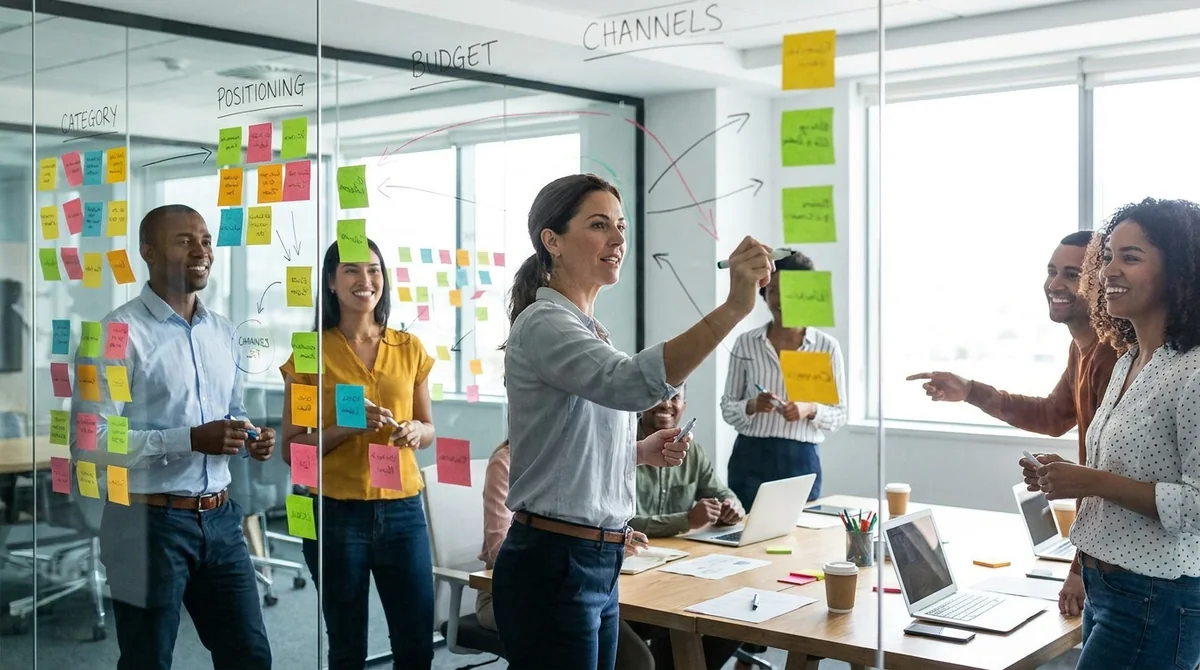CMO consultant and marketing team mapping strategy and channels on a planning board