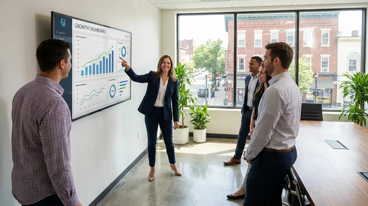 CMO consultant leading a marketing strategy session with growth dashboards in a Montclair office