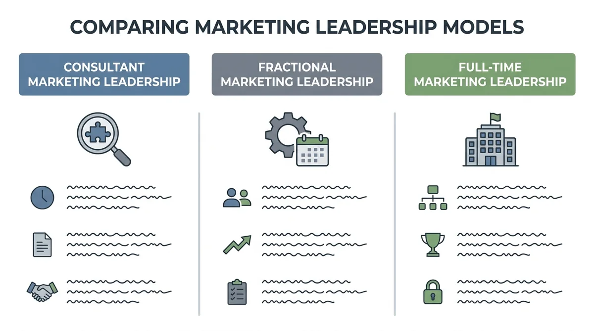 Comparison of marketing leadership models: CMO consultant, fractional CMO and full-time CMO