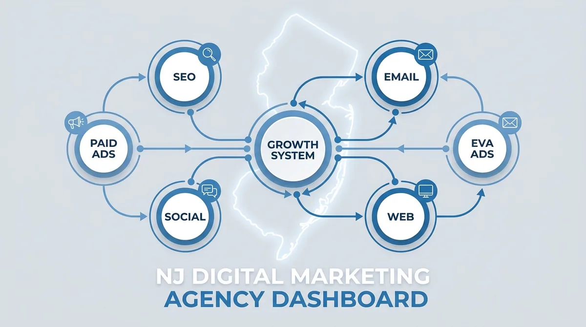 The full range of digital marketing services offered across New Jersey: SEO, AEO, paid media, content, social and web