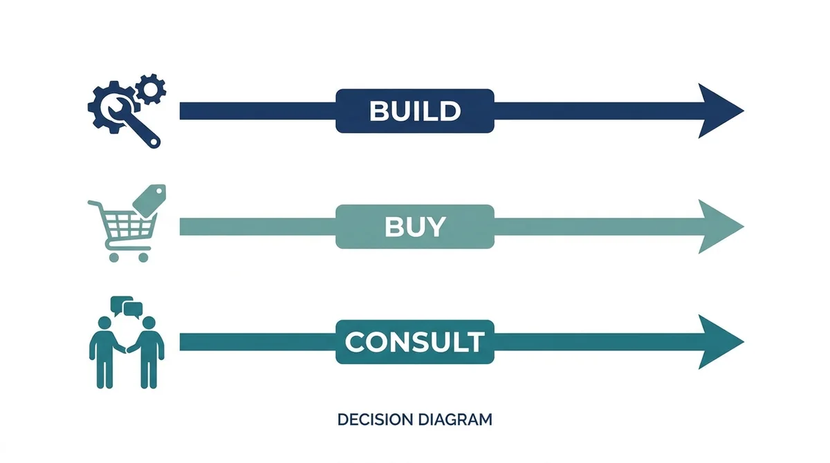 Build versus buy versus consult decision diagram for a marketing technology stack