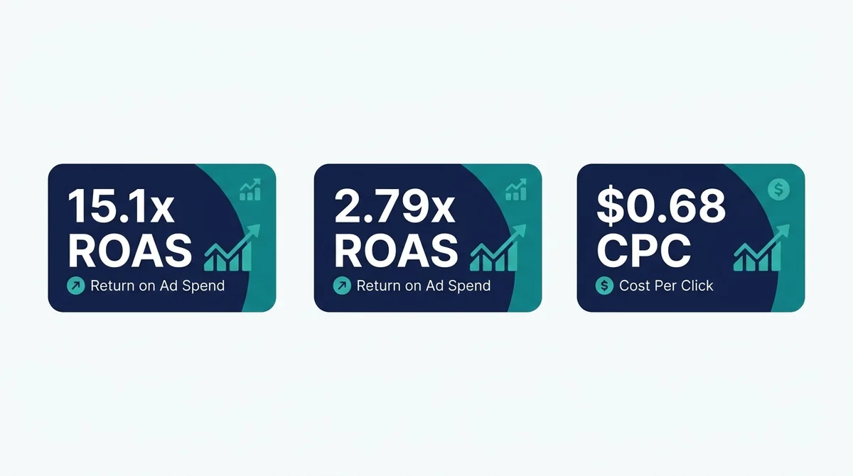 PMG client results showing 15.1x and 2.79x return on ad spend and a $0.68 cost per click