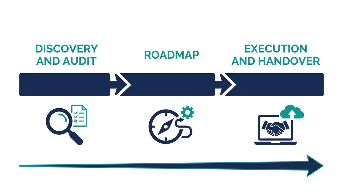 How a marketing technology consulting engagement works: discovery and audit, roadmap, then execution and handover