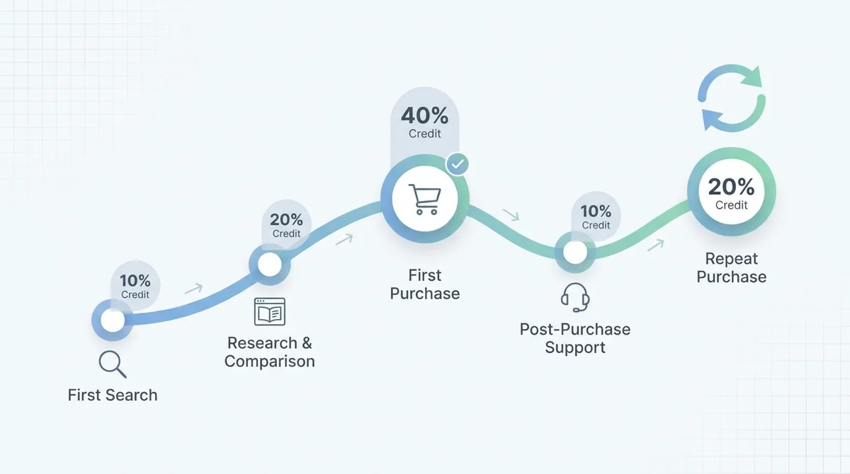 Omnichannel attribution across the customer journey from first search to repeat purchase
