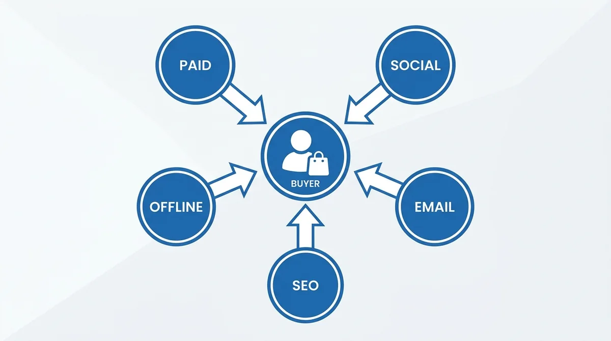 Channels an omnichannel agency unifies around the buyer: paid, social, email, SEO and offline