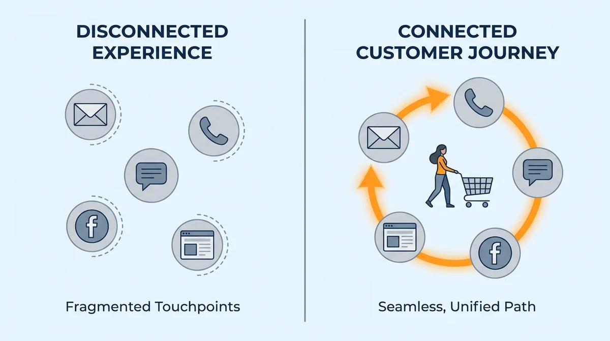 Omnichannel versus multichannel: fragmented disconnected touchpoints beside one connected customer journey