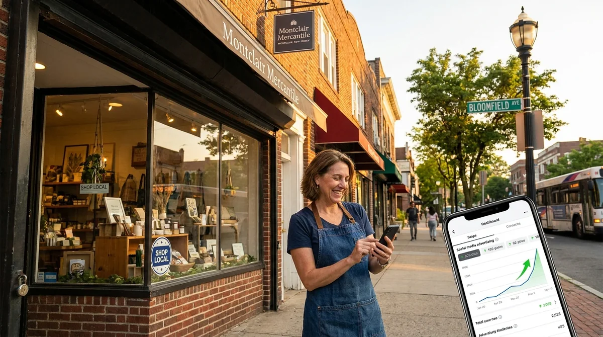 Social media advertising in Montclair NJ reaching local buyers on a downtown street