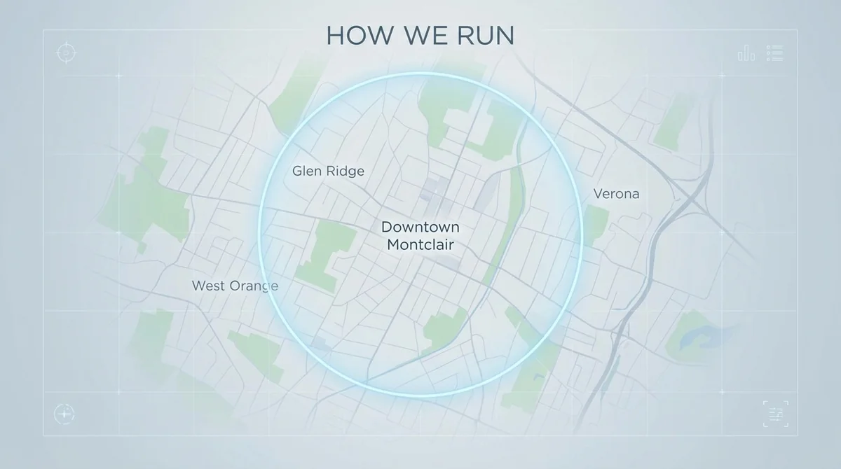 Geo-targeted paid social map covering Montclair, Glen Ridge, Verona and West Orange