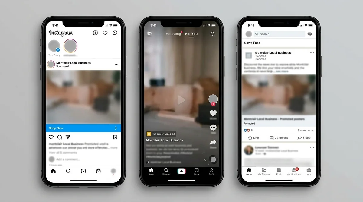 Paid social ads for a Montclair local business running across Meta, TikTok and LinkedIn