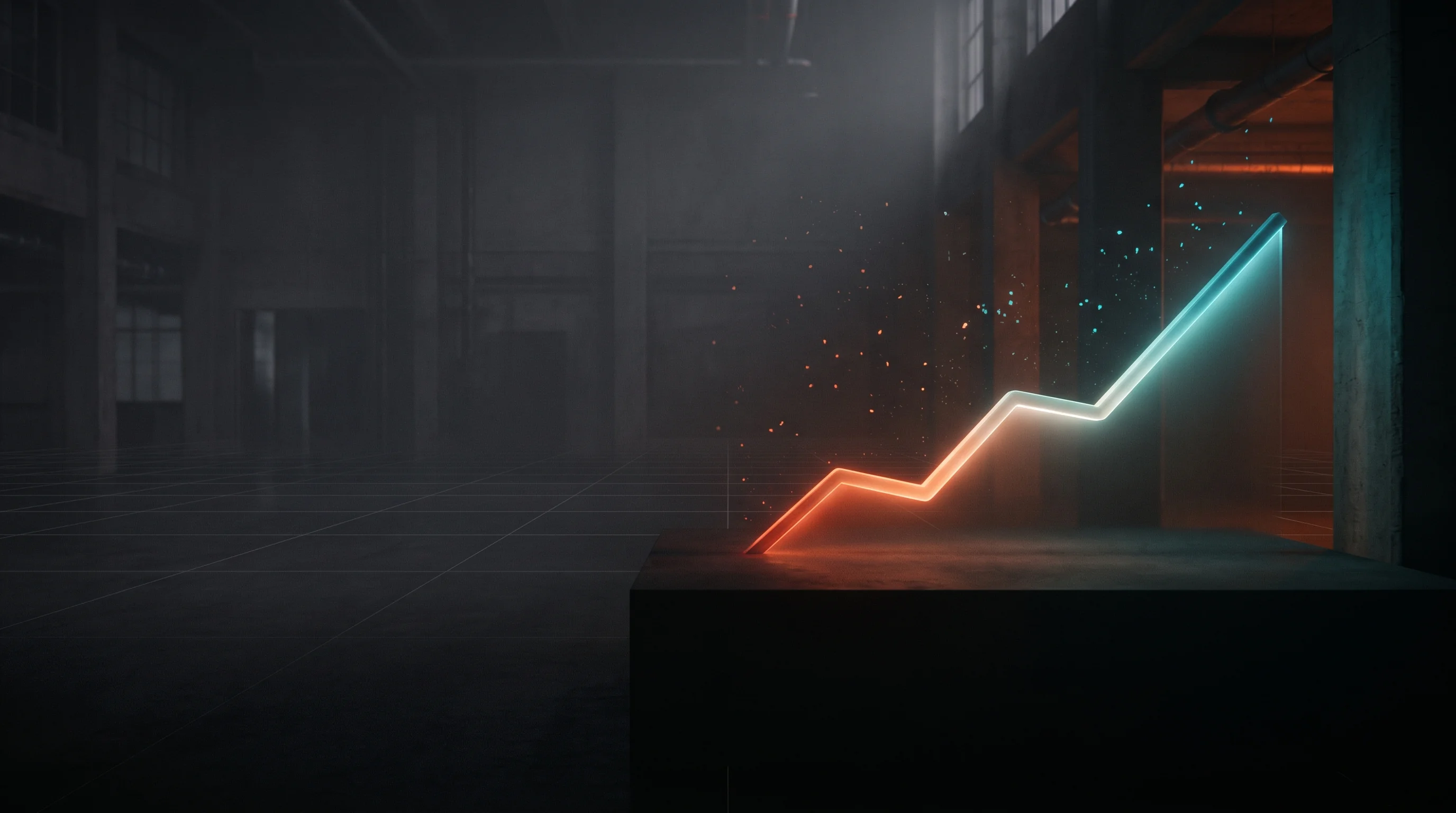 An ascending trend line rendered as a volumetric orange-to-teal neon beam representing compounding results