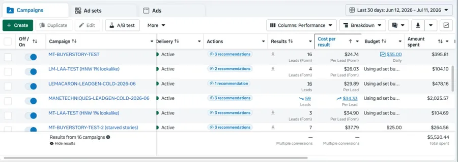 Meta Ads Manager showing live campaigns for eCommerce and B2B franchise accounts managed by a dedicated PureBrain agent