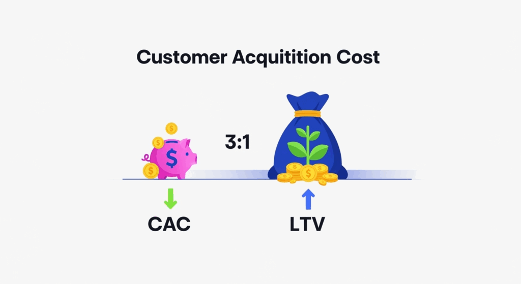 Customer Lifetime Value (LTV) to Customer Acquisition Cost (CAC). A 3:1 LTV:CAC ratio